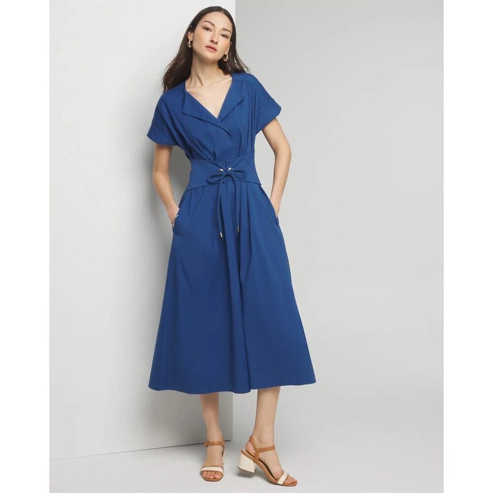 WHBM Poplin Midi Shirt Dress Blue Tie Waist Pockets Short Sleeve Size M